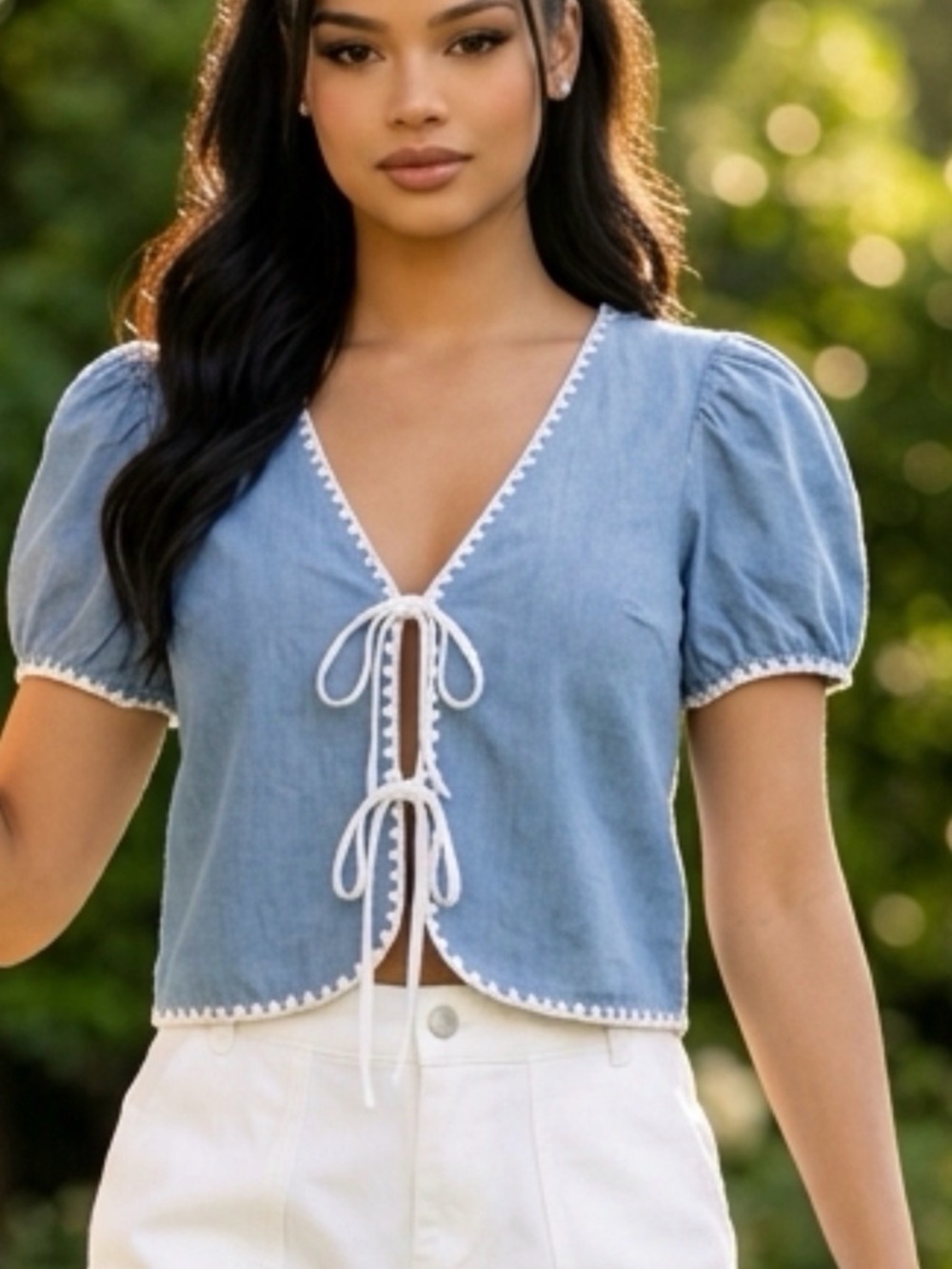 Blue Tie-Front Puff Sleeve Top vest with White Trim